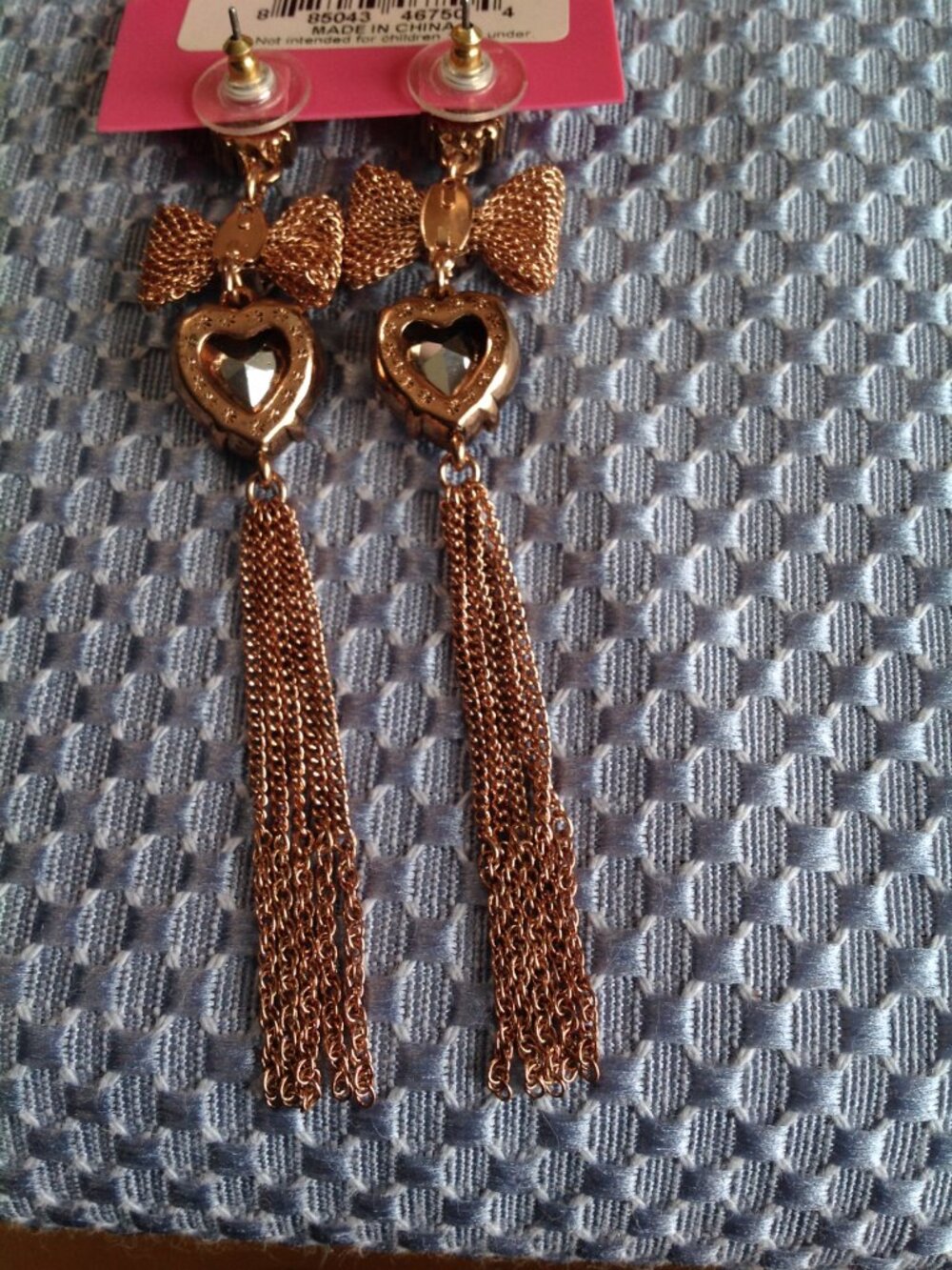 Betsey Johnson Bow Heart Rhinestone Dangle Tassel Chain Pierced Earrings - Picture 8 of 8